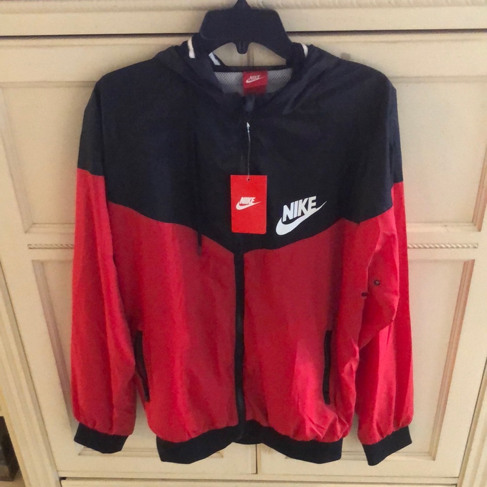 Nike Black and Red Windbreaker Jacket with Elastic Cuffs